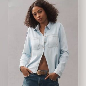 Anthropologie, The Tabby Buttondown Patch Shirt by Pilcro, Light Blue Denim, XL